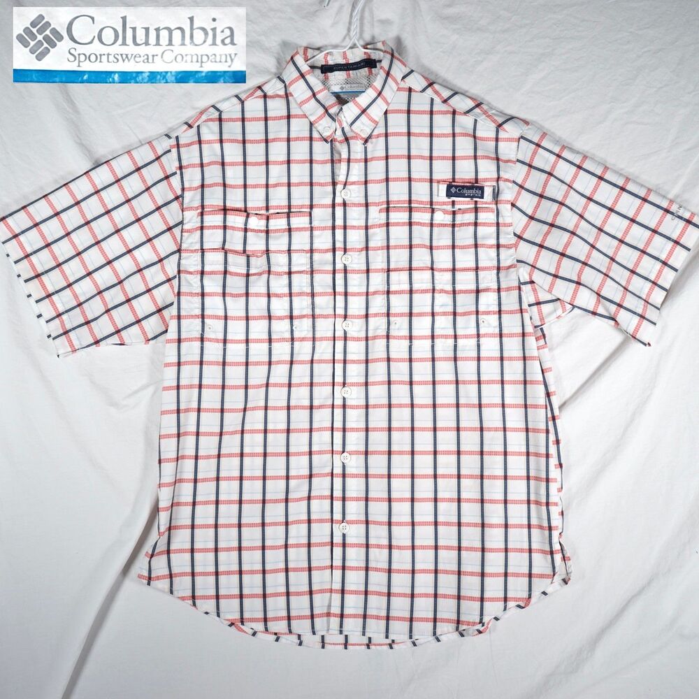 Columbia PFG Button Up Shirt Short Sleeve White Red Plaid Small